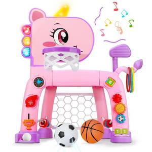 lot 13339 image: Jovizo 4 in 1 Toddler Basketball Hoop and Soccer Goal, Kids Sports Toy for 1 2 3 Years Old Girls Boys, Baby Toy with Sound and Light, Birthday Gift for 12-18 Months, Pink