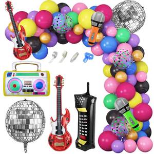 lot 14031 image: Amandir 80s 90s Theme Party Decorations, 90Pcs Balloon Garland Kit 6PCS Disco Ball Radio Boom Box Retro Mobile Phone Guitar Microphone Foil Balloons for Back to 80s 90s Hip Hop Birthday Supplies