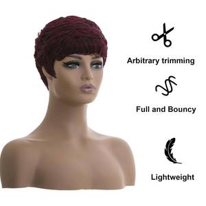 lot 14386 image: 150percent Density 99J Straight Wig Short Wig With Bangs Short Pixie Wigs For Women Short Pixie Cut Wig Pre Plucked Short Cut Wigs Glueless Wigs Human Hair Pre Plucked Pre Cut No Knots And No Hair Loss