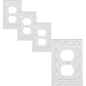 lot 14387 image: OKAWYC Single Duplex Outlet Cover Plate, 4-Pack White NovaBloom Metal Wall Plate 1 Gang, Light Switch Cover, for Receptacle Light Switch, Switch Cover Decorative Wallplate, Durable