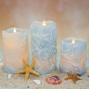 lot 14409 image: Silverstro Ocean Flameless Candles Remote Carved Seashell Real Wax Flicker Battery Operated Candles for Home Party Wedding Nautical Thanksgiving Christmas Easter Decor - Set of 3(Blue)