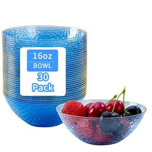 lot 14425 image: Tinybee 30 Pack Blue Plastic Bowls - Blue Disposable Bowls for Party with Gold Rim, 16-20oz Premium Hammered Bowls Disposable Heavy Duty, Plastic Salad Bowls for Milk Cereals, Snacks, Salads