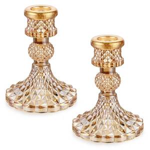 lot 14430 image: OwnMy Set of 2 Gold Glass Taper Candle Holders Decorative Glass Candlestick Holders, Modern Taper Candle Stands Candlesticks for Dining Table Centerpieces Wedding Church Decor