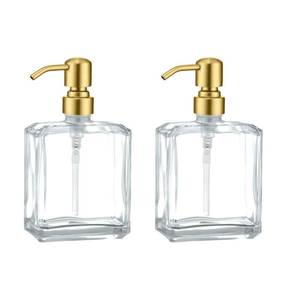 lot 14431 image: Kmeino Square Clear Glass Dish Soap Dispenser Set 2 Pack, Brushed Gold Refillable Hand Soap Dispenser with Rust Proof Stainless Steel Pump 2 x 13.5 oz Lotion Dispenser for Bathroom Vanity Kitchen
