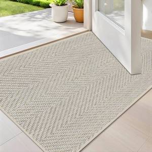 lot 14442 image: ENHASIV Ultra Thin Indoor Door Mat 17inx29in, Washable Door Mat Indoor Entrance, Non Slip Rubber Backing Doormat Low-Profile Inside Entryway Mat, Unique Herringbone Design Entry Mat, Khaki (FOLD)