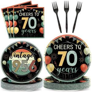 lot 14455 image: 96Pcs Vintage 70th Birthday Party Decorations Back in 1956 Paper Plates and Napkins Cheers to 70 Years Disposable Tableware Set for Men Women 70 Year Old Birthday Anniversary Party Supplies Serves 24