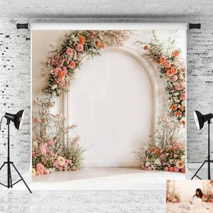 lot 14464 image: Kate Spring Floral Arch Backdrop Wedding Background White Wall Photo Background Studio Props,8x8ft