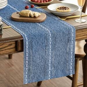 lot 14465 image: Artoid Mode Blue Rustic Cotton Linen Table Runner, Seasonal Embroidered Hollow Kitchen Dining Table Decoration for Home Party Decor 13x60 Inch