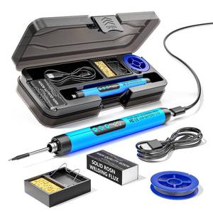 lot 14477 image: Cordless USB Rechargeable Portable Soldering Iron, Digital adjustable display screen, Heating Core, Soldering Iron Cord, Rosin, Soldering Iron Stand, Storage Case