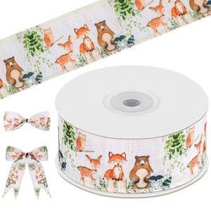 lot 14478 image: Geosar Woodland Animal Ribbon 1.5 Inch Forest Woodland Animal Print Wired Ribbon Deer Fox Raccoon Brown Bear Burlap Ribbons for Baby Shower Decoration Christmas Wreath Birthday Gift Wrapping 10 Yards