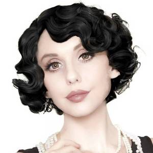 lot 14490 image: Kaneles Short Black Finger Wave Wigs for Women 1920s Side Part Natural Wig Synthetic Heat Resistant Hair Halloween Wig for Vintage Daily Party(Black)