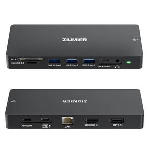 lot 14495 image: ZIUMIER USB C Docking Station Dual Monitor, 12 in 1 Laptop Docking Station - Single 8K or Dual 4K Displays, 1 HDMI, 1 DP, 100W PD, 3x10Gbps USB-AC Data, 5Gbps USB-A Data, Ethernet, Audio, SDMicro SD