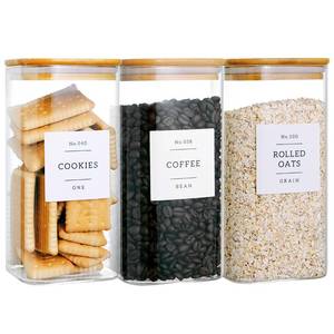 lot 15296 image: CZZGSM 3 Pack Square Glass Kitchen Storage Jars with Airtight Bamboo Lids and 132 Pantry Labels - 54oz Glass Canisters with Wood Lids - Food Storage for Sugar, Rice, Pasta, Cereal