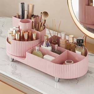 lot 15301 image: Booklov Rotating Makeup Caddy Organizer for Vanity, Large Capacity Cosmetic Display Case, Countertop Beauty Storage Holder for Skincare, Brush Eyeshadow Lipstick, Counter Desk Organization, Pink