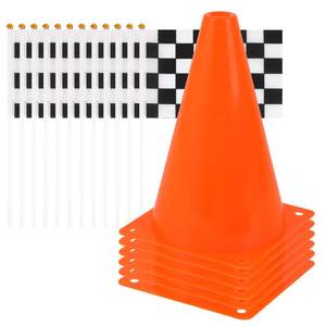lot 16005 image: Mini Traffic Cones (With Hole on Top) with Racing Checkered Flags, Sports Safety Cones for Soccer Practice Orange Cones (6Pcs)
