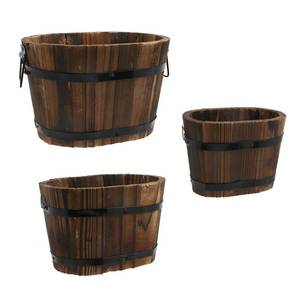 lot 16012 image: MY MIRONEY 3PCS Wooden Planter Barrel Set Vintage Style Wood Bucket Rustic Garden Flower Plant Pots Container with Metal Handles, Oval, Small, Medium and Large