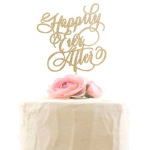 lot 16015 image: Happily Ever After Cake Topper - Glitter Wedding, Engagement, Bridal Shower, Bachelorette Party Decorations Gold