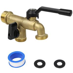 lot 16496 image: Outdoor Double Taps Water Faucet, Wall Mounted Garden Two 34 inch Brass Ball Valves Water Tap Splitter, Frost-Proof Outside Spigot Replacement with 2 Outlets for Home, Balcony, Hose Connector