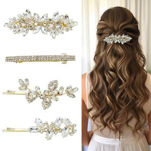 lot 18171 image: 4 Pieces Rhinestone Hair Clips Gold Leaf Wedding Hair Pins Crystal Bobby Pins Gold Bridal Hairpin Barrette for Brides Bridesmaids Flower Girls