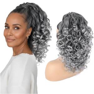 lot 18186 image: UAmy hair Curly Drawstring Ponytail Grey Curly Yaki Pony Tail Synthetic Salt and Pepper Hair Ponytail Extension for Women(T1BGray)