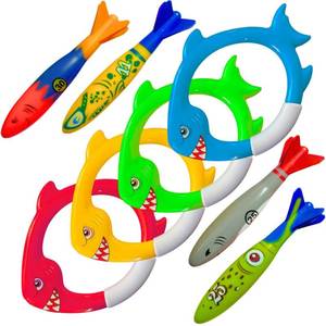 lot 18189 image: Haktoys Shark Dive Rings Pool Diving Toys for Kids, Sinking Swim Training Toys for Boys and Girls, Underwater Pool Games and Summer Fun, 8-Piece Fish Rings Set and Torpedoes