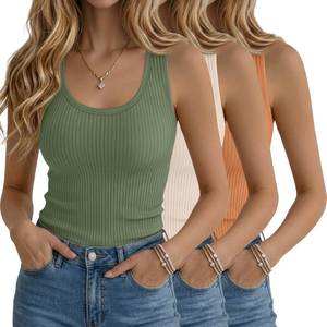 lot 18200 image: Velvelhall 3 Pack Womens Ribbed Knit Tank Tops Scoop Neck Cotton Racerback Sleeveless Shirts Slim Fit Summer Basic Tank Tops(Light Beige, Matcha Green, Orange Yellow,X-Large)