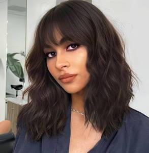 lot 18211 image: AISI HAIR Natural Brown Synthetic Curly Wavy Bob Wig with Bangs for Women, 21-23 Inches