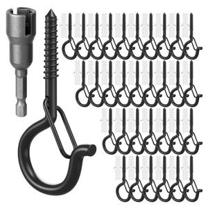 lot 18216 image: GIPTIME 32Pcs Q-Hanger Hooks with Safety Buckle, Windproof Screw Hooks for Hanging Outdoor String Lights, Plants, Christmas Decorations, Includes Wing Nut Driver, Black