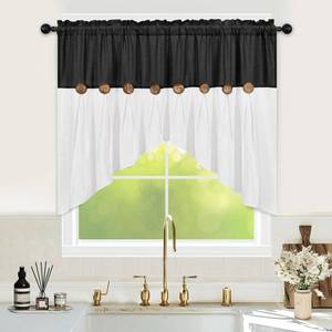 lot 18224 image: FRAMICS Farmhouse Swag Curtain, Boho Cotton Linen Valance Curtain, Black Rustic Button Window Valance for Kitchen Bathroom Bedroom, Country Rod Pocket Valances for Windows, Black, 52 x 36 Inch
