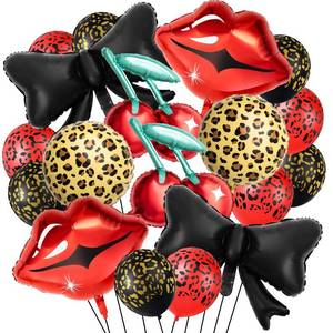 lot 18225 image: Realspring 18 Pcs Red and Black Party Kit 12 Leopard Cheetah Print Birthday Balloons Cherry Cheetah Red Lips Black Bow Foil Balloons for Kiss The Miss Goodbye Retro Bachelorette Party