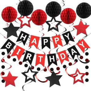 lot 18236 image: meowtastic Birthday Decorations, Happy Birthday Banner with Honeycomb Balls, Star Hanging Swirl Streamers, Circle Dots Garland, Happy Birthday Party Decorations for Women Men Boys Girls (Red and Black)