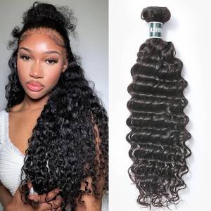 lot 18239 image: ASHINE Human Hair Bundle Deep Wave Unprocessed Cambodian Raw Hair 28 Inch, Flip Over Quick Weave Wet and Wave Bundles for Women Natural Black