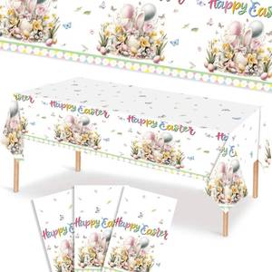 lot 18241 image: Oiiyee 3 Pcs Easter Tablecloths 54x108 Inch Disposable Waterproof Rectangle Happy Easter Eggs and Bunny Table Cloth for Easter Party Decorations Picnic Indoor Outdoor Dining Decor (Happy Easter)