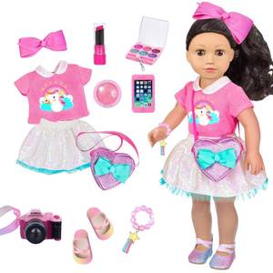 lot 18243 image: American 18 Inch Doll Clothes and Makeup Accessories Set - Includes Top and Skirt, Bag,Camera,Cell Phone,Eye Shadow,Blush,Bracelet,Lipstick,Bow Hair Clips (NO Doll)