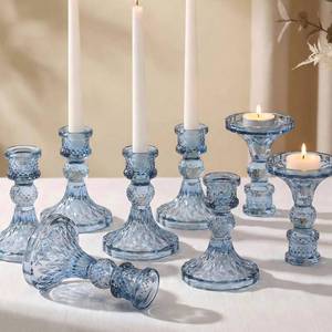 lot 19008 image: Simeitol Glass Candle Holder Set of 12, Blue Taper Candle Holders Bulk, Vintage Candlestick Holders, Candle Stick Holder for Table Centerpieces, Wedding, Festival and Home Decor