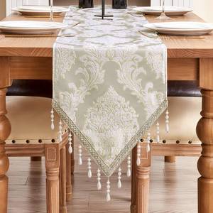 lot 19024 image: Loom and Mill Luxury Damask Table Runner 13x90 inch, Elegant Jacquard Fabric Dining Table Runners with Multi-Beads, Great for Home Table Setting Kitchen Dresser Party Holiday Decor(Beige, 13x90in)