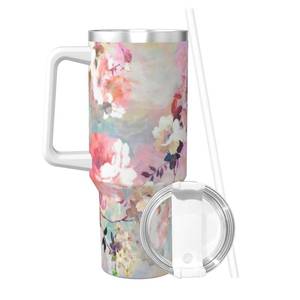 lot 19027 image: PTONUIC Watercolor Pink Flowers Pattern 40 oz Tumbler with Handle and Straw Lid  Insulated Cup Reusable Stainless Steel Water Bottle Travel Mug Cupholder Friendly  Gifts for Women Men Him Her