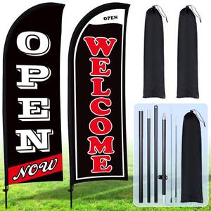 lot 19100 image: Buryeah 2 Sets Now Open Flag Banner for Business Advertising 7 ft Feather Flag Sign with Flagpole Ground Stake Portable Bag(Black)