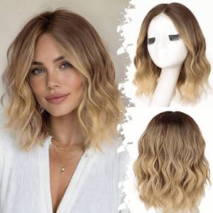 lot 19112 image: Eawwii Brown to Blonde Short Wavy Wig for Women Lace Hairline Bob Style Synthetic Heat Resistant - Natural Appearance for Everyday Hairstyle 14 Inch