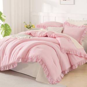 lot 19993 image: Andency Pink Ruffle Comforter Oversized Queen(98x98Inch), 3 Pieces(1 Ruffled Comforter and 2 Pillowcases) Solid Farmhouse Shabby Chic Bed, Vintage Rustic Soft Polyester Bedding Set