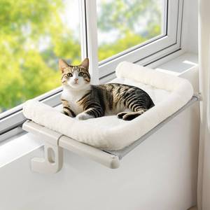 lot 19996 image: Sunhoo Cat Window Perch Hammock Sturdy Windowsill Bed Seat for Large Cats No Drilling No Suction Adjustable Kitty Shelf with Washable Cover Easy Assembly Holds up to 40 lbs 22.05  15 in (White, S)