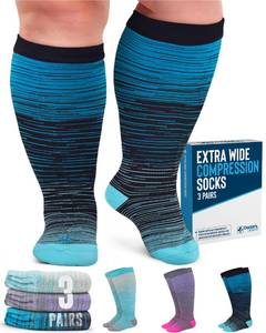 lot 20292 image: Doctorfts Select 3 Pairs Plus Size Compression Socks Wide Calf - Up to 6XL  20-30 mmHg Compression Socks for Women Wide Calf  Circulation Support  Blue, Light Blue, Purple and Pink (Stripes)