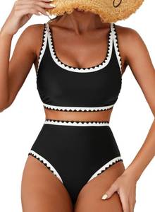 lot 20302 image: Herseas Womens Black Sexy Bikini Sets Shell Stitch 2 Piece Tummy Control Swimsuits High Waisted Solid Scoop Sporty Bathing Suits Padded Csual Resort Wear Cruise Outfits Medium