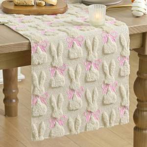 lot 20304 image: Artoid Mode Beige Soft Plush Faux Fur Jacquard Bunny Bow Easter Table Runner, Spring Holiday Kitchen Dining Table Decoration for Home Party Decor 13x72 Inch
