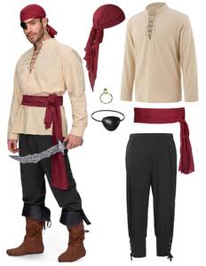lot 20336 image: Spooktacular Creations 6 Pcs Men Pirate Costume, Men Renaissance Medieval Beige Black Viking Pirate Costume with Viking Shirt, Banded Pants,Eye Patch, Bandana,Belt, Earrings for Halloween Cosplay-XXL
