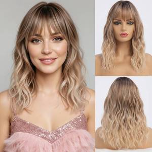 lot 20354 image: simkaylee Wavy Long Ombre Blonde Wigs with Bangs for Women Medium Middle Length Blond Wig Synthetic with Water Wave Fringe Womens Heat Resistant Hair Wig for Daily Party Use (16inch)
