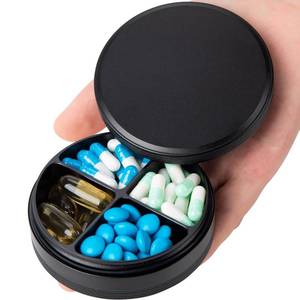 lot 20380 image: Metal Pill Case 4 Compartments - Travel Pill Organizer Waterproof, Small Pill Box for Purse, Compact Medicine Container Pill Dispensers Holder for Vitamin, Fish Oil, Supplement (Black)