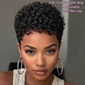 lot 4175 image: Short Curly Pixie Cut Wigs with Bangs Human Hair for Black Women Non Lace Full Machine Made Rose Net Cap Human Hair Pixie Wig Brazilian Virgin Glueless Bob Wig Human Hair Short Layered Wigs For Women