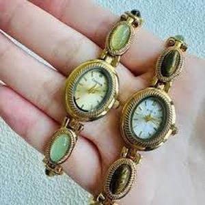 lot 10495 image: Gold Tone Jade Stone Jewelry Set with Watch