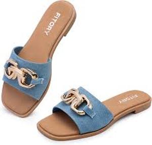 lot 12005 image: Fitory Flat Sandals Fashion Slides With Soft Leather Slippers For Summer Size 9